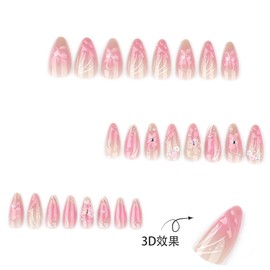 UEYRSEDB Pink Flower Press on Nails Medium Almond Spring Fake Nails with 3D Pink Flower Butterfly Charms Design Spring Summer Flowers Glue on False Nail Floral Glue on False Nail for Women 24Pcs