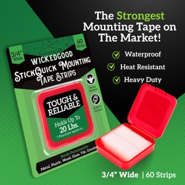 WickedGood Double Sided Mounting Tape, Clear Two Sided Adhesive Strips - Heavy Duty for Hanging Picture Frames, Posters, Decor - No Residue, Waterproof for Indoor, Outdoor Use (5cm x 1.8cm, 60-Pc)