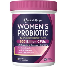Doctor's Recipes Probiotics for Women, 100 Billion CFU 32 Strains, with Prebiotic, Enzymes & Cranberry, Shelf Stable, Delayed Release, 60 Caps