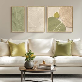 Framed Abstract Sage Green Boho Wall Art for Living Room, Set of 3 Piece Beige Canvas Artwork, Large Modern Line Painting Prints for Dining Room Bedroom Hallway Office Wall Decor - Total 24" x 52"