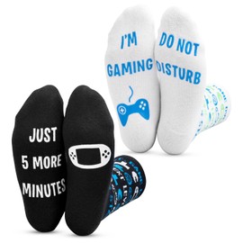 Kids Novelty Gaming Socks 2 Pack - "Do Not Disturb, I'm Gaming" & "Just 5 More Minutes" (Kids age 5-9)