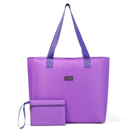 AOTIAN Large Capacity Reusable Grocery Shopping Bag with Zip Women's Ultra-light Foldable Handbag Tote Travel Shoulder Bag with Small Purse Beach Bag Gymbag for Ladies and Girls, Light Purple