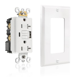 BAOMAIN Self-Test GFCI Combination with USB in-Wall, Tamper Resistant(TR) 20A 4.8A 5VDC LED Indicator Outlet with USB Charger,White Wall Plate Included BCG-004U (USB Type A/C, 1)