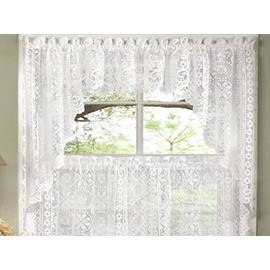 Sweet Home Collection Old World Style Floral Heavy Lace Kitchen Curtain Swag Pair, Hopewell White