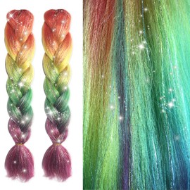 Bordedor Rainbow Braiding Hair Extension with Tinsel, Colored Hair Extensions Synthetic Braiding 3 Tone for Girls Women,Box Braids Twist 24 Inch