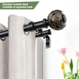 USFOOK 1 Inch Double Curtain Rods 72 to 144 Inches (6-12 ft) Black Drapery Rods for Windows 69 to 140 Inches, Telescoping Dual Curtain Rod with Woven Leaf Finials