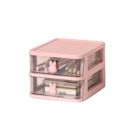Multi-Tier Desk Storage Box, Plastic Storage Drawers, Transparent Drawer Organiser with Bunny Handle for Storing Books and (Pink, 2 Tiers
