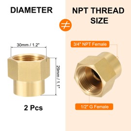 sourcing map 2Pcs Brass Pipe Fitting, 1/2"G Female x 3/4"NPT Female Brass Hex Nipple Pipe Fitting Connector, 1/2" to 3/4" Female Pipe Fitting Adapter with PTFE, Gold Tone