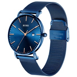 Burei Men’s Watches, Ultra Thin, Black, Minimalist Quartz with Date Display