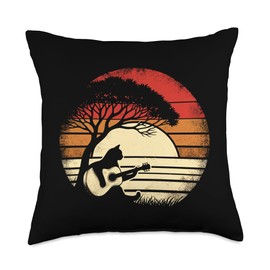 Melodic Whiskers Vintage Distressed Cat Playing Acoustic Guitar Under Tree Throw Pillow, 18x18, Multicolor