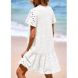 KIRUNDO Summer Dresses for Women 2025 Eyelet Button Down V Neck Short Sleeve Hollow Out A Line Loose Mini Babydoll Dress(White, Medium)