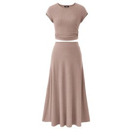 BTFBM Women Two Piece Skirt Set Summer 2025 Casual Vacation Crew Neck Short Sleeve Cropped Top Elastic Waist Midi Skirts(Solid Khaki, X-Large)