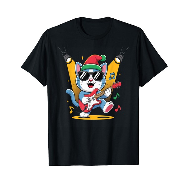 Christmas Santa Hat Cat Playing Guitar Rock and Roll T-Shirt