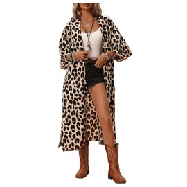OYOANGLE Women's Leopard Print Open Front 3/4 Sleeve Kimono Cardigan Side Split Swimsuit Cover Up Brown Black Medium
