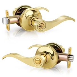 Gaurqiah Wave Style Entry Door Handle with Keys, Keyed Door Lever with Lock for Front/Entrance in Polished Brass Finish, Reversible Door Lever for Left/Right Doors