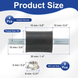 PATIKIL M5 15x15mm Rubber Isolator Mounts, 4 Pcs Rubber Studs Shock Absorber Anti-Vibration Isolation Damping Mounts with Lock Nuts for Motor, Air Compressor, Engines (35mm Height)