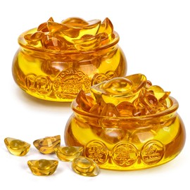 Eorbow 2 Pack 3" Golden Treasure Basin with 82 Ingots, Crystal Feng Shui Yuan Bao Figurine Collectibles, Wealth Good Luck Propriety Yuanbao Bowls, Chinese Ingot Decor for Office, Desktop, Home