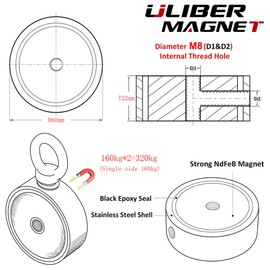 ULIBERMAGNET Super Strong Double Sided Fishing Magnets Combined 320kg N52 with Rope Starter Kit with Neodymium Magnets for Magnetic Fishing and Treasure Hunting Underwater