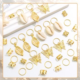 VENOFEN 50PCS Butterfly Hair Jewelry Gold Dreadlock Cuffs for Dreadlocks, Shell Loc Jewelry, Metal Braids Clips Rings Hair Decoration Accessories for Women and Girls