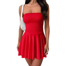 OQQ Women's Mini Dress Summer Cocktail Tube Ruched Waist Ruffle Corset Party A-line Dresses Red