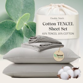 Double Stitch King Sheet Set - Luxury Cotton Tencel Eucalyptus Bed Sheets Deep Pocket, 4 Pc Soft Hotel Bedding Set Cooling Breathable, 1 Fitted Sheet & 1 Flat Sheet & 2 Pillowcases, Winter Sky