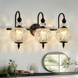 Piepooye Vintage Bathroom Light Fixtures Black Vanity Light with Glass Globe LampShade 3 Lights Mid Century G9 Bulb Wall Sconce Indoor Vanity Light Over Mirror for Kitchen Bedroom Farmhouse
