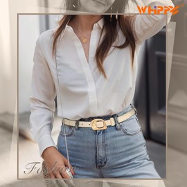 WHIPPY Women's Thin Leather Belt Skinny Waist Belts for Women, Stylish Faux Leather Belts for Dresses Jeans Pants Light Beige, L