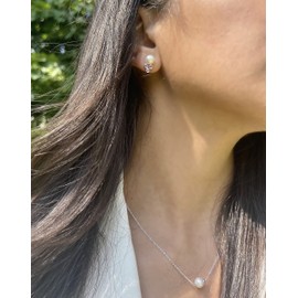 BLUE OCEAN PEARLS .925 Sterling Silver, Pink Sapphire High Luster Stones Earrings for Women, Freshwater Cultured White Round Pearl 7-7.5mm Stud Earring Jewelry