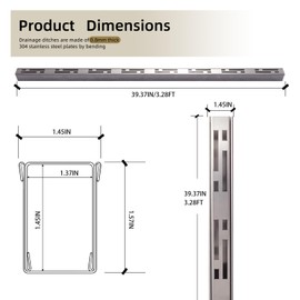 Pool Deck Drain Channel, 1-7/16" W x 3.3' L, 304 Stainless Steel Channel Drain Outdoor, Deck Drainage System with Coupling, Trench Drain System for Pool Decks, Patios,Walkways, Courtyards, Paver.