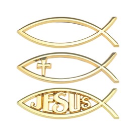eMagTech 3 Pieces 3D Car Jesus Fish Stickers 3 Style Christian Cross Fish Emblem Metal Look Sticker for Car Window Laptop Luggage Fridge 140 x 45 x 6 mm, Golden