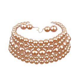 COLORFUL BLING 5 Rows Elegant Simulated Pearl Strand Choker Necklace With Earrings Set Women Ladies Statement Jewelry-B champagne