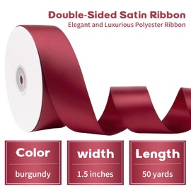 Burgundy Satin Ribbon 1-1/2 Inch Double Faced 50Yds - Maroon Silk Thick Dark Wine Red for Gift Wrapping, Flower Bouquet, Wedding Invitations, Hair Bows, Crafts