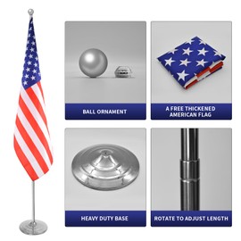 WJTQTBT Indoor Flagpole Kit with Weighted & Thickened Base 6-8FT,Adjustable Aluminum Commercial Indoor Flag Pole for Office School City Hall,Heavy Duty Indoor Telescoping Flag Pole,Silver 2PACKS