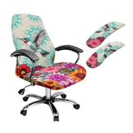 ZIATUBLES Floral Hummingbird Print 3 Pcs Set Office Chair Cover with Armrest Cover Stretchable Swivel Gaming Chair Protector Dustproof Boss Armchair Decor, Large