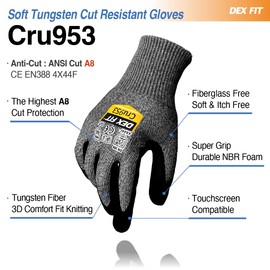 DEX FIT Level 8 Cut Resistant Gloves Cru953; 3D-Comfort Fit and Dexterity, Firm Grip, Thin & Lightweight, Touchscreen, Durable Steel Fibers, Breathable, Machine Washable; Grey XL (10) 1 Pair
