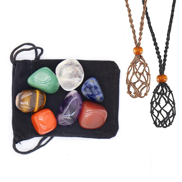 KGDUYC Healing Crystals, 7 Color Irregular Natural Stone Crystal Rough Stone Mesh Bag Pendant Set Raw Stone Mesh Bag