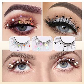 3 Pares de Pestañas Postizas, Estilos Festivales Dramáticas Pestañas de Lentejuela Brillo con Lindo Corazón/Flores Coloridas Pestañas para Decorativas Navidad Año Nuevo Halloweens Cosplay Party 1 Recuento (Paquete de 3) Negro