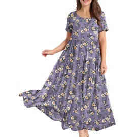 YESNO Women Casual Loose Bohemian Floral Dress with Pockets Short Sleeve Long Maxi Summer Beach Swing Dress 2XL EJF CR08 Purple