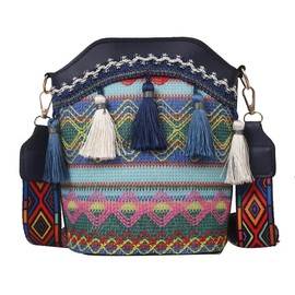 Yomotay Ethnic Bag Women's Vintage Colourful Handbag Boho Embroidery PU Canvas Bag Shoulder Bag with Tassels for Women Girls Gifts - Blue, blue
