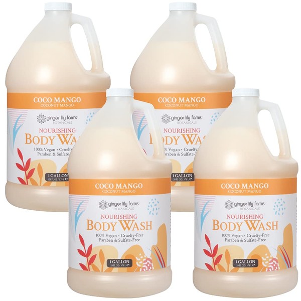 Ginger Lily Farms Botanicals Nourishing Body Wash, Coco Mango, 100% Vegan & Cruelty-Free, Coconut Mango Scent, 1 Gallon Refill 128 Ounce (Pack of 4)