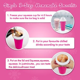 Slushy Maker Cups, DIY Magic Slushy Maker Squeeze Cups, Portable Smoothie Squeeze Cup for Juices, Milk and Ice Cream Make, Double Layers Silicone Slushie Cup with Straw for Friends,Family Gifts-Pink