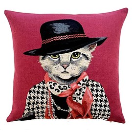 Yapatkwa Belgian Tapestries, "Fancy Dressed Felines" Dressed Cat Decorative Woven Tapestry Pillow / Cushion Cover, 18" x 18"