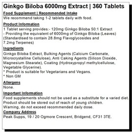 360 x Ginkgo Biloba Tablets - 6000mg Pure Extract