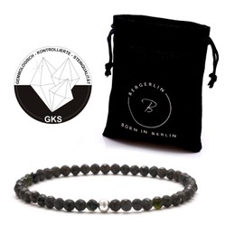 BERGERLIN Genuine Natural Stone Bracelet with 925 Sterling Silver Pearl Bracelet, for Men and Women, with Certificate of Authenticity, Stone, Obsidian