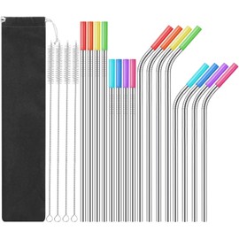 Popotes de acero inoxidable, Set de 16 piezas Pajillas Reutilizables de Mental con Puntas de Silicón, 4 Cepillitos para limpiar y Bolsita para Guardarlos, Popotes metálicos para vasos de 20 24 30 oz