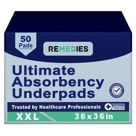 Remedies Extra Large Incontinence Bed Pads (36" x 36", 50 Count) - Super Absorbent Disposable Chux Underpads for Adults, Seniors, Kids, Puppies, Dogs & Furniture Protection