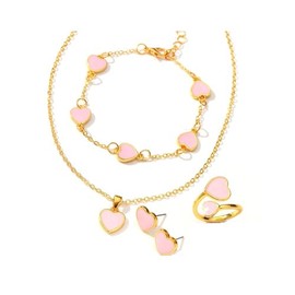 Caiyao Muticolor Love Heart Earrings Necklace Bracelet and Ring Jewelry Set for Women Colorfol Enamel Fashion Jewelry-Pink