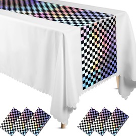 Preboun 6 Pcs Plastic Checkered Table Runner 14 x 108 Inch Racetrack Road Table Runner for Two Fast Car Theme Birthday Racing Party Decor Events Supplies (Black Iridescent Checkered)
