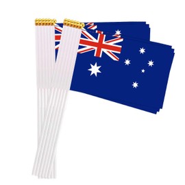 25 Packs Small Australia Flags on Handheld Stick，Miniature Australian Flag for Outside,4x6 Inch Mini Hand Held Banner with Golden Topper,Patriotic Decorations