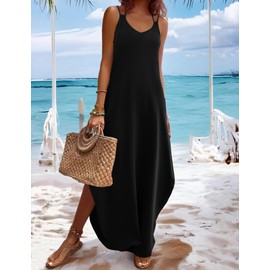 Zeagoo Summer Dresses for Women Black Casual Spaghetti Strap V Neck Sleeveless Dresses with Pocket Black L